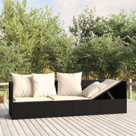 Patio Lounge Bed with Cushions Black Poly Rattan