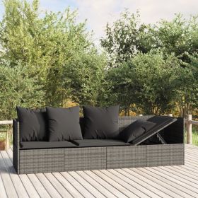 Patio Lounge Bed with Cushions Gray Poly Rattan