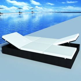 Double Sun Lounger with Cushion Poly Rattan Black (Color: Black)