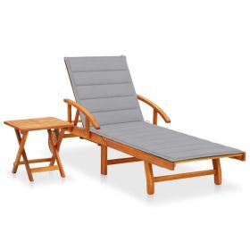 Patio Sun Lounger with Table and Cushion Solid Acacia Wood (Color: Brown)