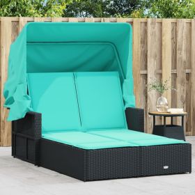 Double Sun Lounger with Canopy and Cushions Black Poly Rattan (Color: Black)