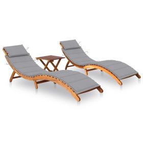 Sun Loungers 2 pcs with Table and Cushions Solid Acacia Wood (Color: Gray)
