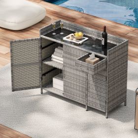 47.5"W Wicker Outdoor Storage Cabinet with Tempered Glass Desktop, Weather-proof Rattan Bar Table with Three Doors, Adjustable Shelf, and One Dra (Material: Rattan+Metal, Color: Grey)